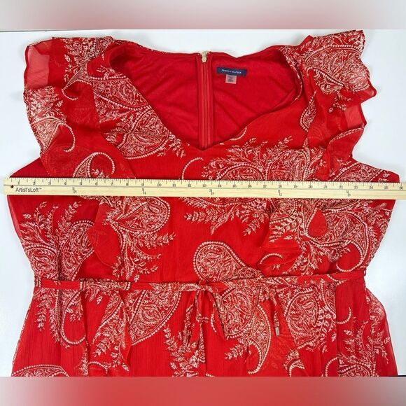 Tommy Hilfiger Red Paisley Fit Flare Ruffle Knee Length Dress Tie Waist 22W NWT - Picture 10 of 16